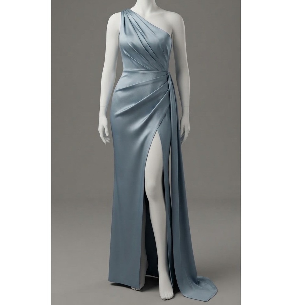 Lulus Signature Elegance Slate Blue Satin One-Shoulder Maxi Dress Size  3XL